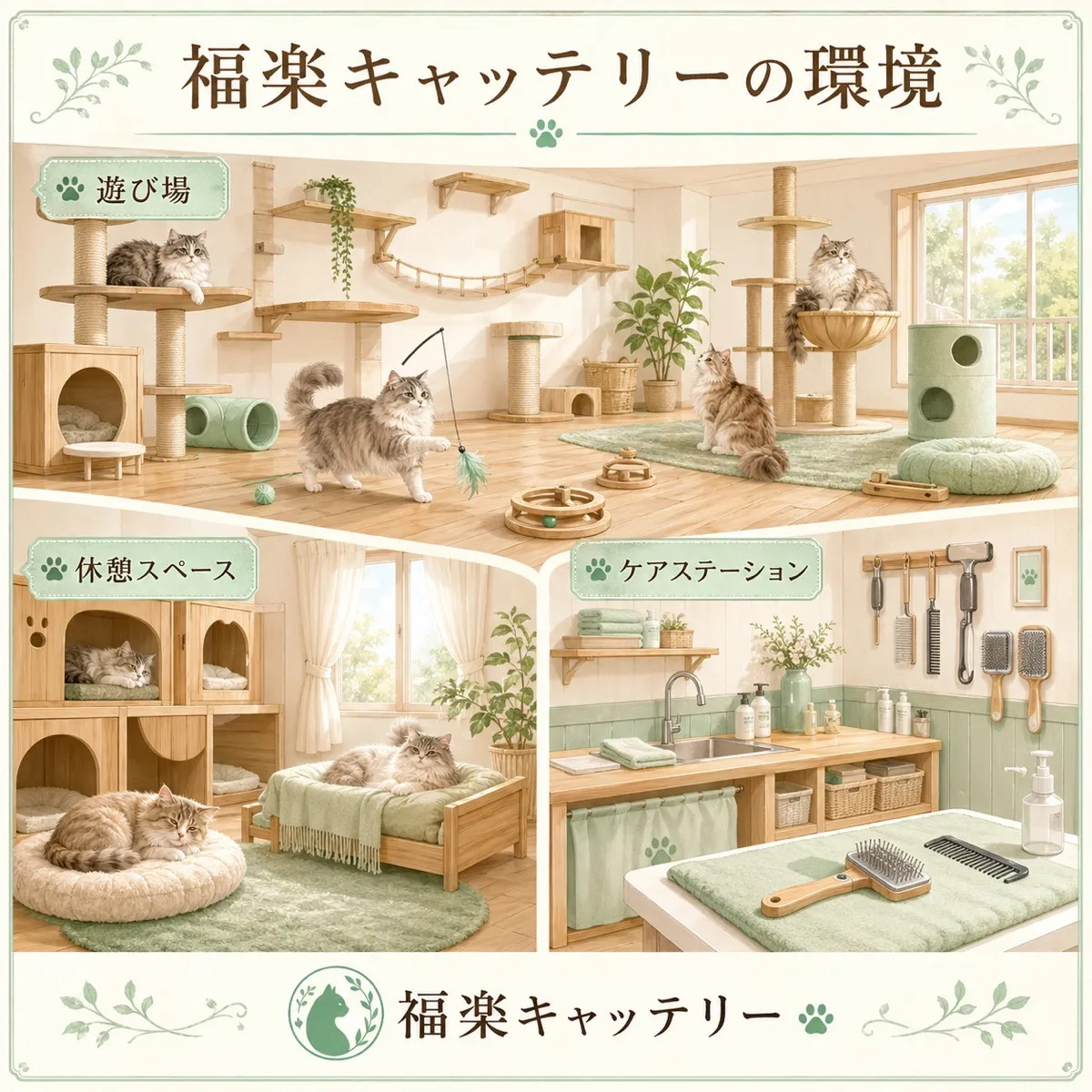 福楽キャッテリーの清潔で温かい飼育環境を描いたイラスト