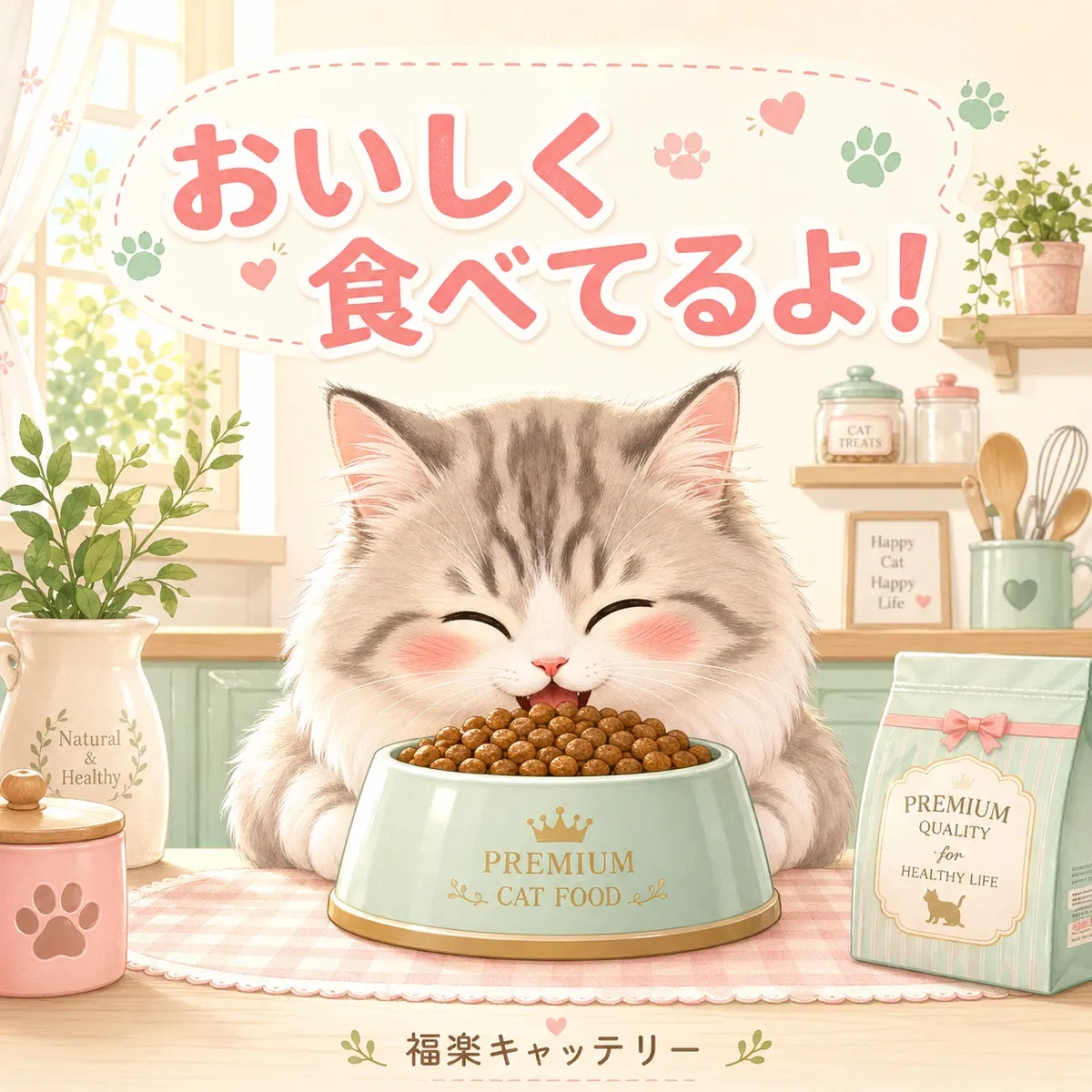 美味しそうにご飯を食べる子猫のイラスト