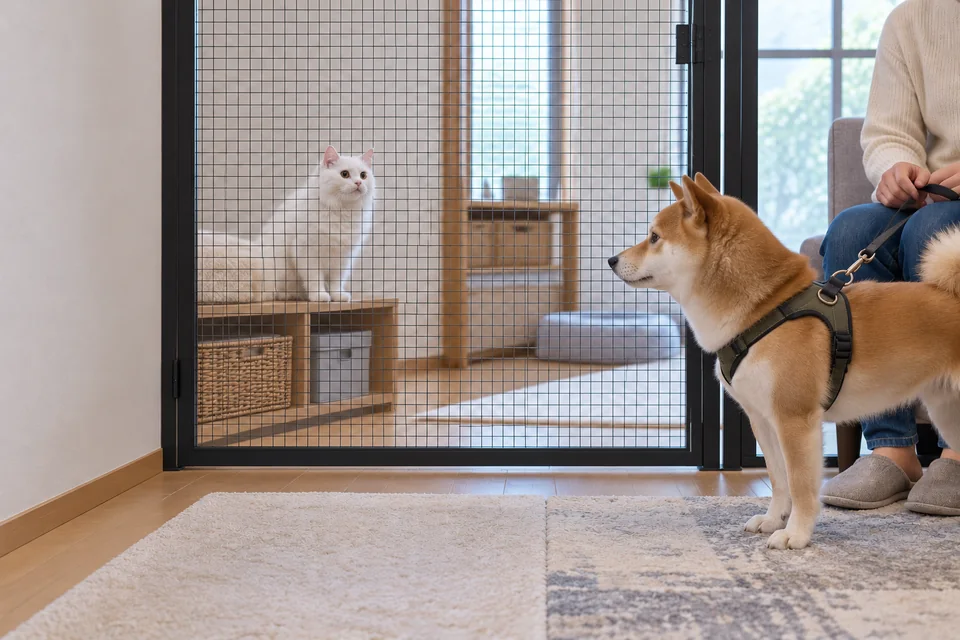 閉じた仕切り越しに、犬はリードで管理する(AIイメージ)