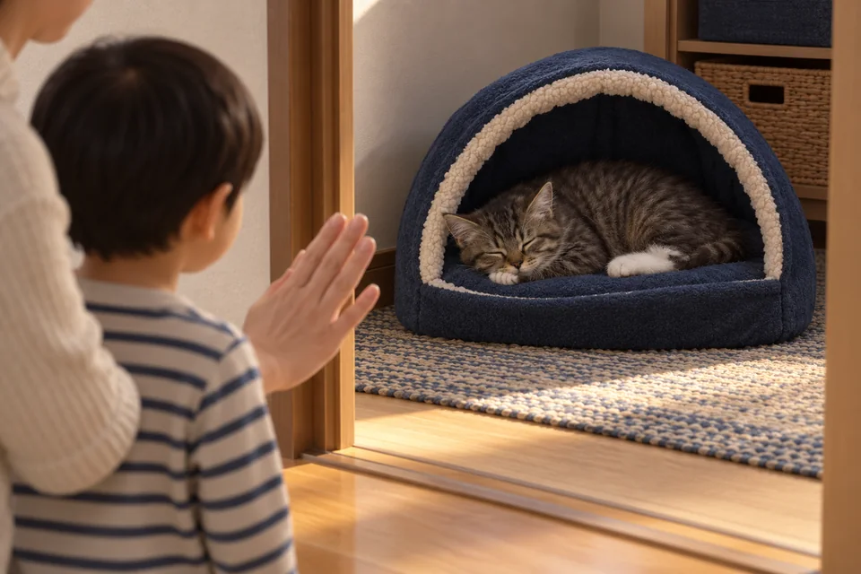 家族で、休んでいる猫をそっとしておく(AIイメージ)